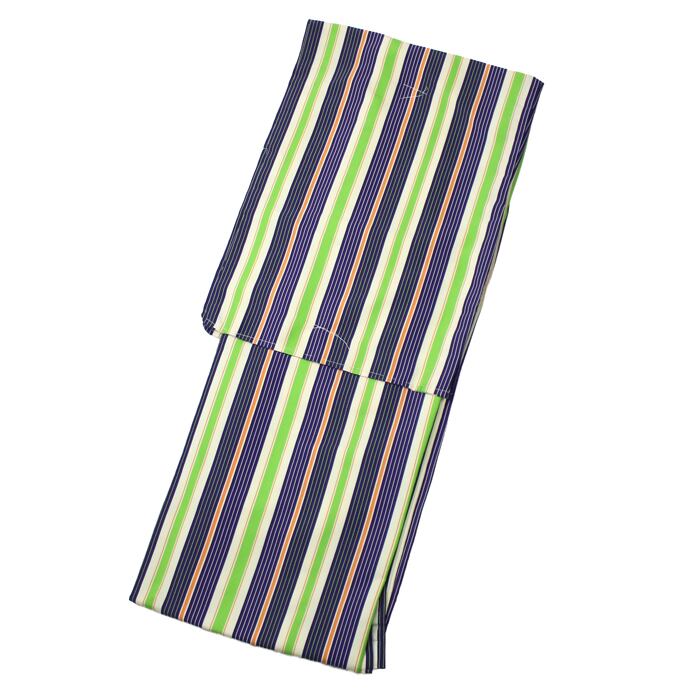 着物 トールサイズ 小紋 高身長 レトロ モダン 紺 黄緑 縞 ストライプ 日本染め生地 TLサイズ 洗える着物 袷