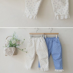 秋レース付き綿製小花カジュアルパンツ2色