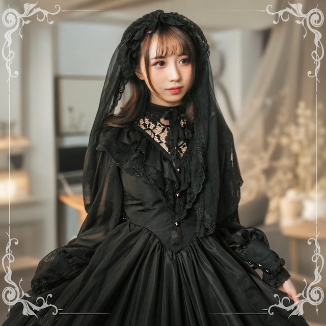 夜薔薇の祈り ハイネックレースフリルゴスロリロングワンピース