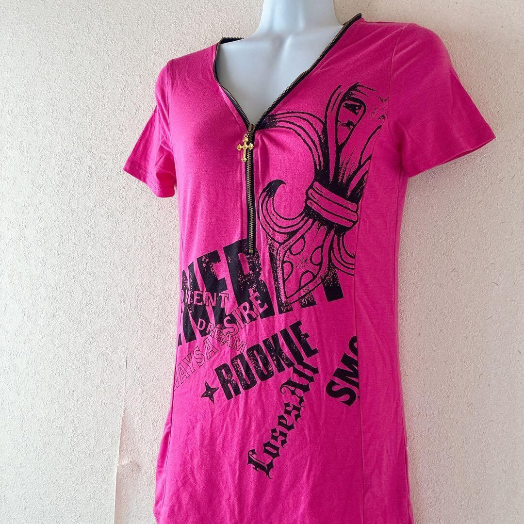 00s Y2K】M・K・R バックスラッシュカット 黒レース Tシャツ ピンク