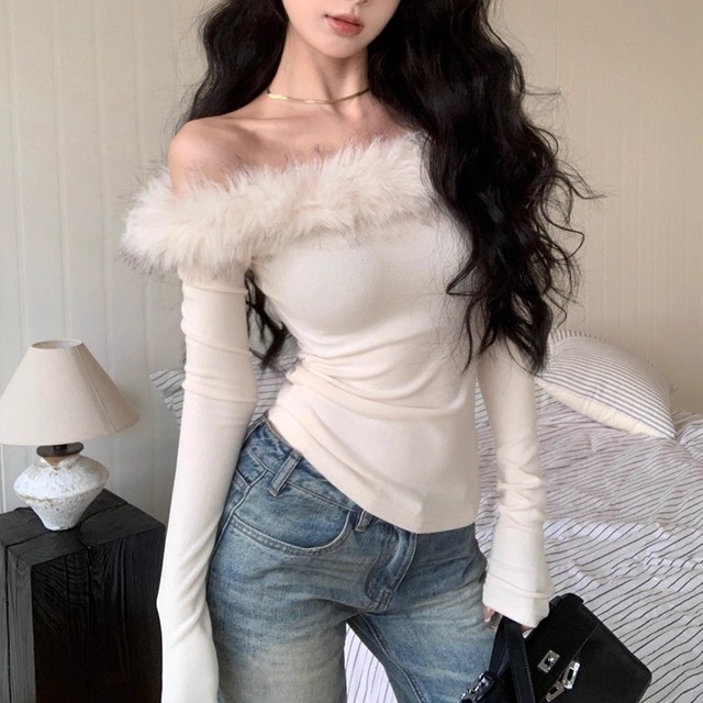 ボリュームファーニット オフショルダートップス 韓国トレンド 〈2025 AW〉