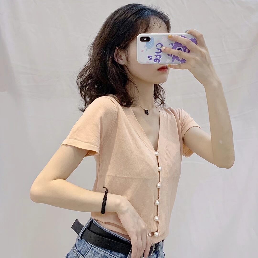 パールボタン Vネック5部袖カーディガン AJ111-211