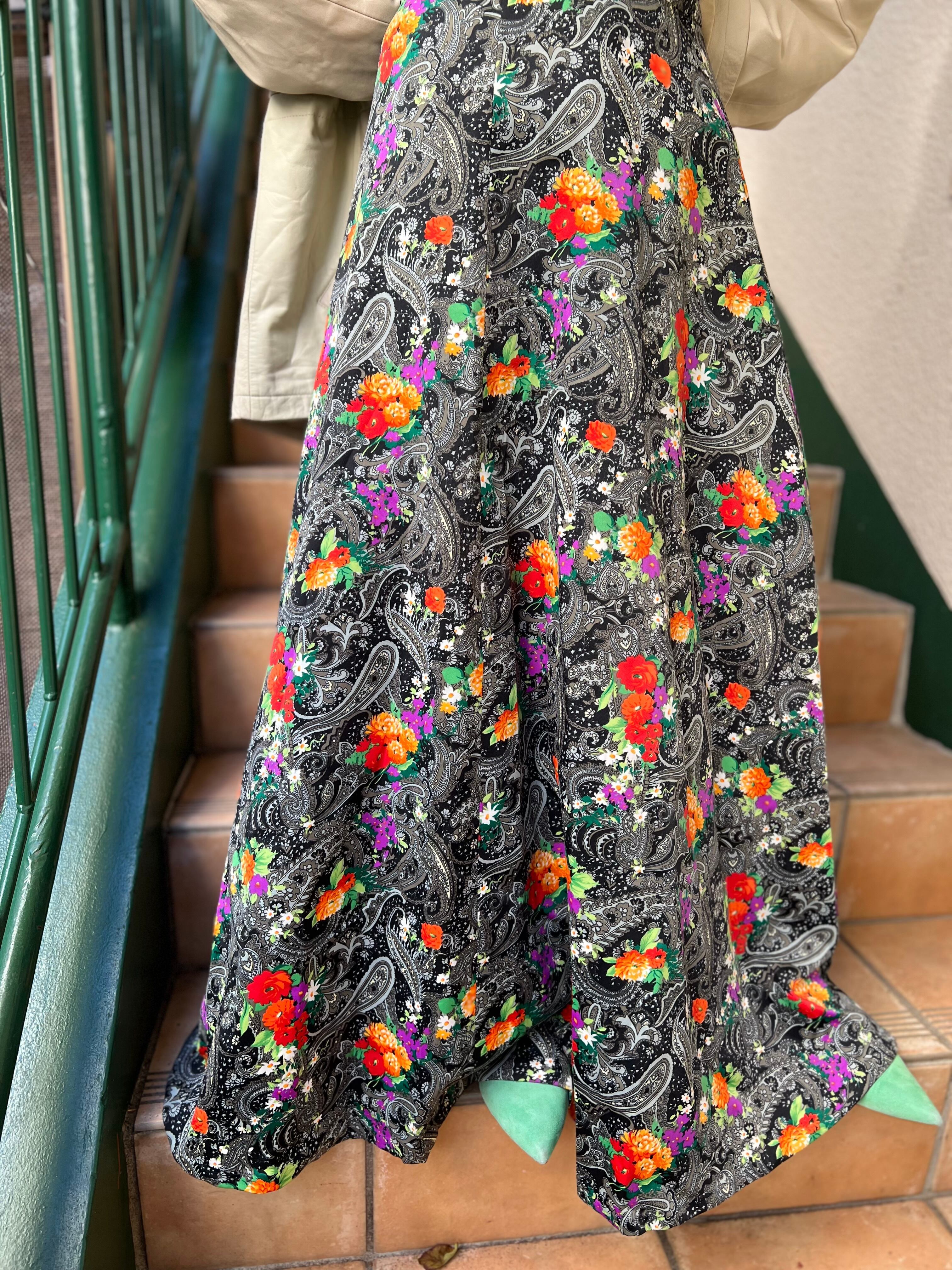 70s handmade black × floral skirt ( ヴィンテージ ハンドメイド 
