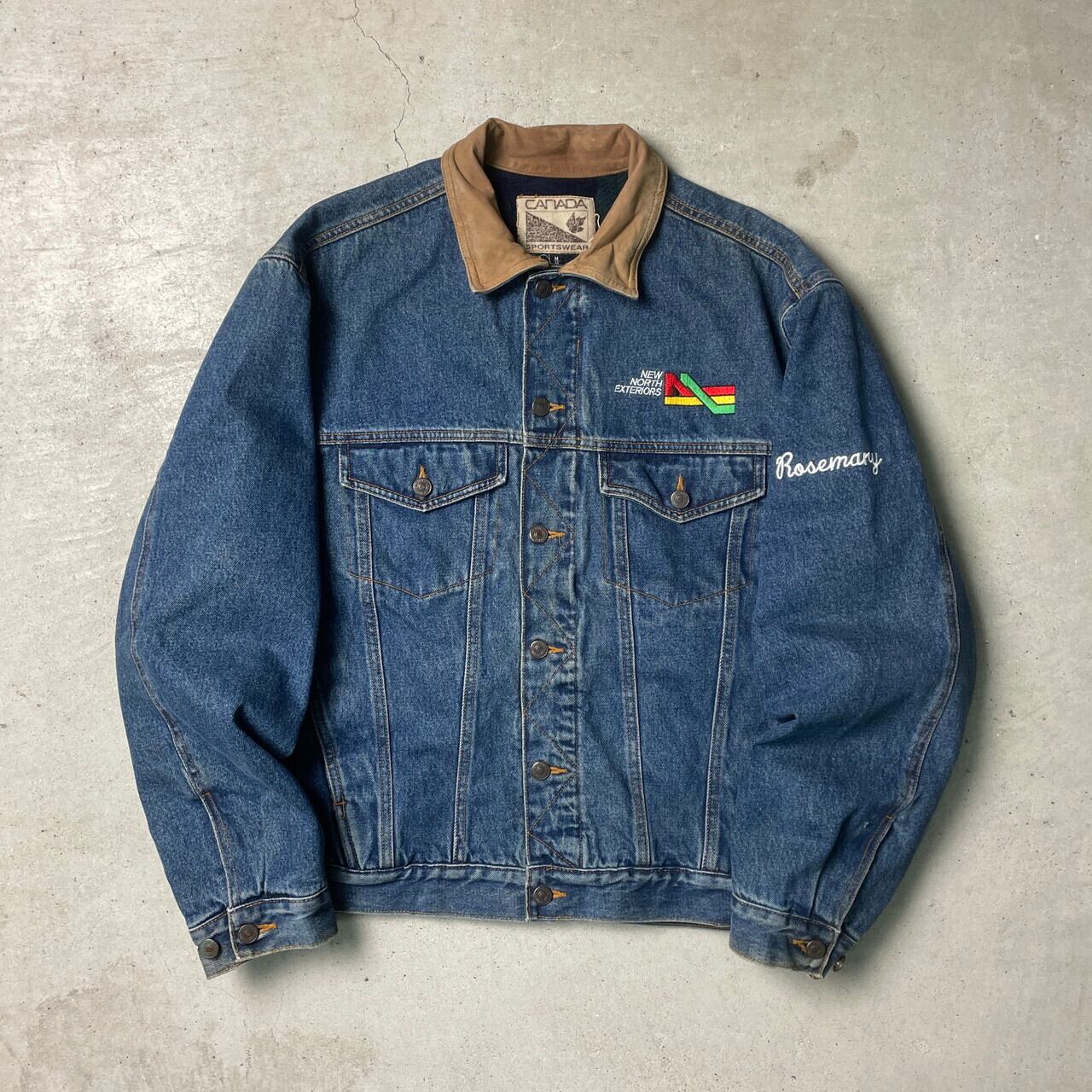 90年 CANADA SPORTS WEAR デニムジャケット レザー襟 フリースライナー