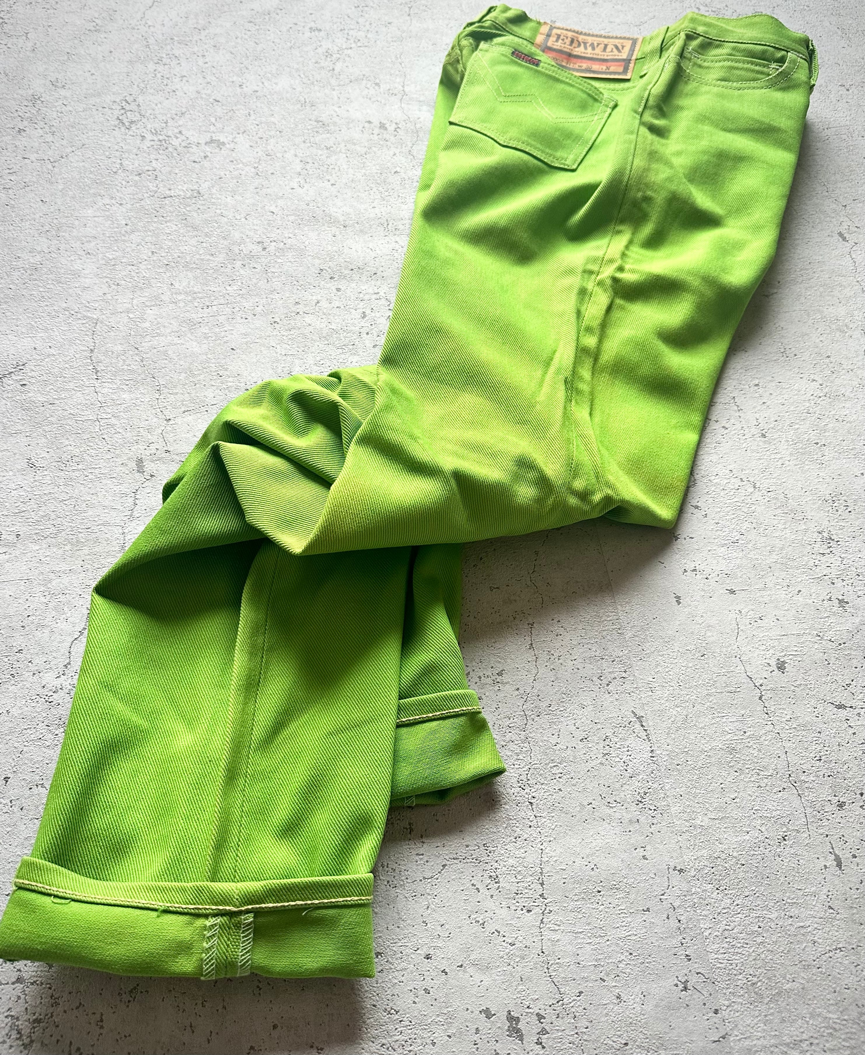 DEAD STOCK s〜 EDWIN 5PKT TWILL SLIM PANTS ACID GREEN OLD