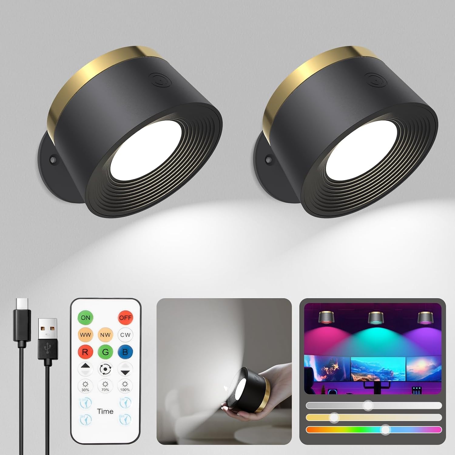 【特価処分】LEDスポットライト2個セット ブラケットライト リモコン付き壁掛け 3色温度と13 RGBと調光可能磁気360°回転LEDマグネット充電式 ウォールライト工事不要 ベッドサイド/カウンタートップ/壁/玄関/キッチン/浴室/階段に使用可能 間接照明 読書灯 地震災害用非常灯Tpye-C 充電式コードレス2in1タイプ(2個ブラック)