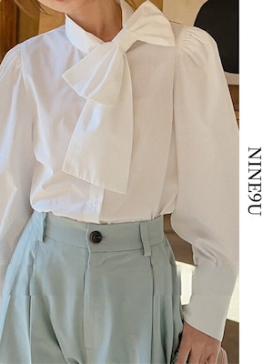 neck-ribbon volume-sleeve plain blouse 3color【NINE7724】