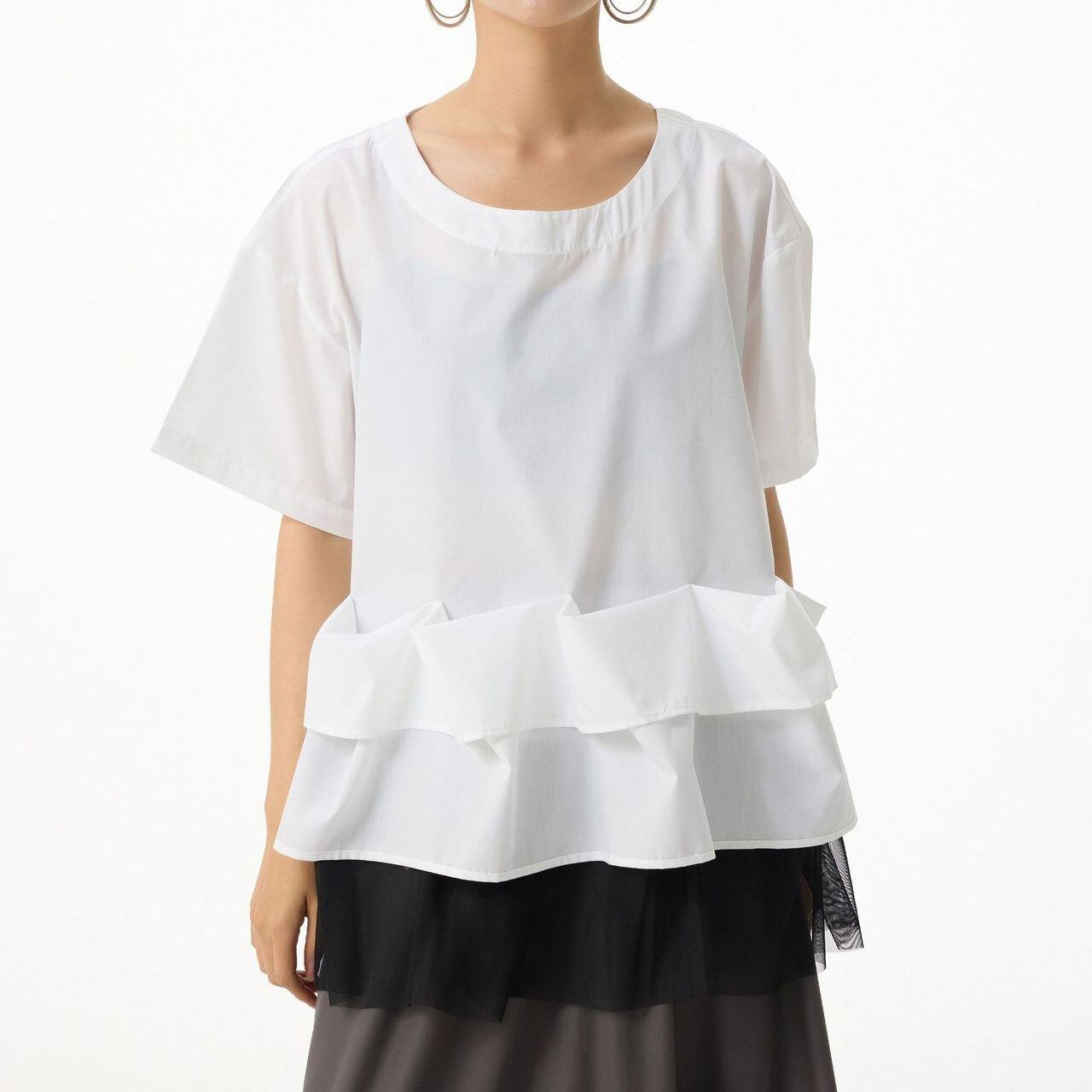 RUFFLED HEM ROUND NECK SHORT SLEEVE TOP M-17208