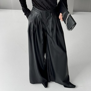 BLACK PU LEATHER A-LINE WIDE LEG PANTS 1color M-15283