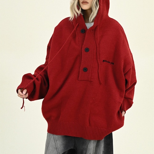 hooded button knit　フード付きボタンニット　J0411
