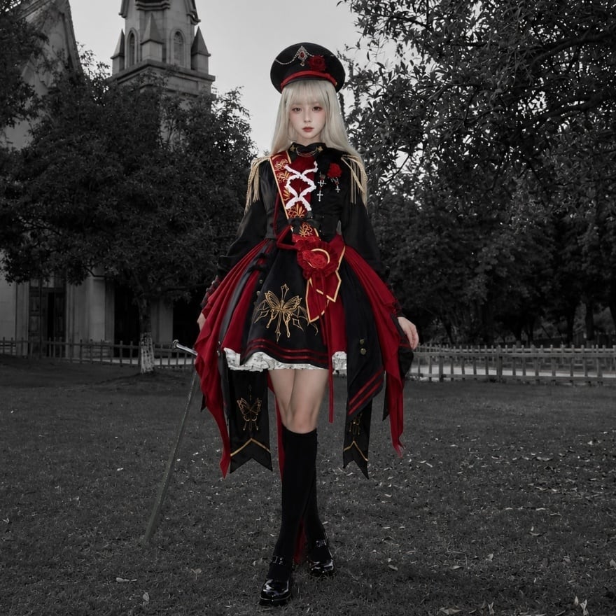 紅薔薇の近衛舞踏会 金刺繍アシンメトリーミリタリー軍服ロリータ