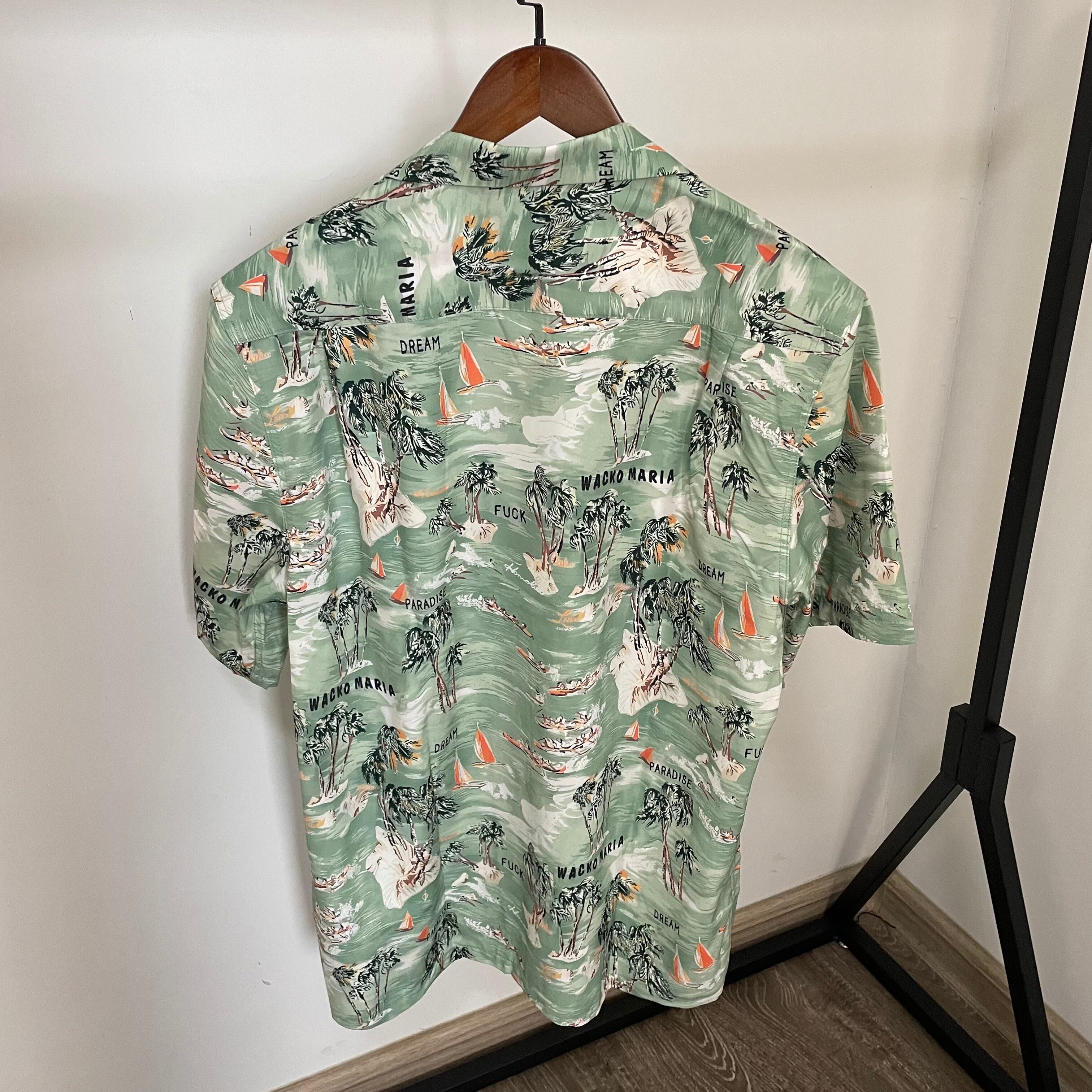 メンズ 【極美品】Pataloha アロハシャツ 半袖 開襟 総柄 ヘンプ 白 緑 M