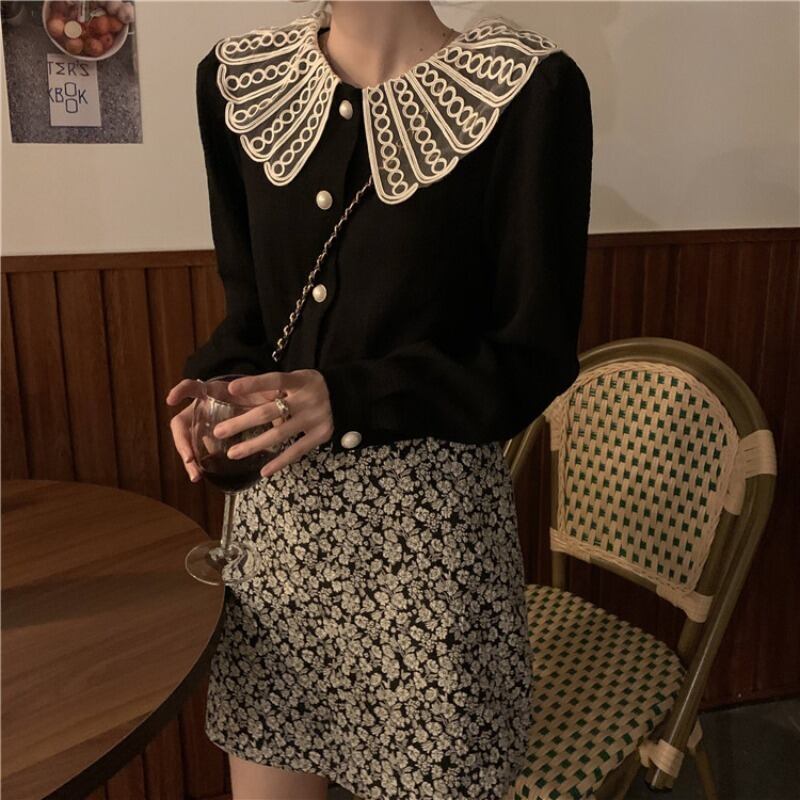 カラーシャツ レディースオータムウィンタースタンダードショートルーズトップス ロング レトロ 秋物 冬物 ブラックストロベリース57458913313