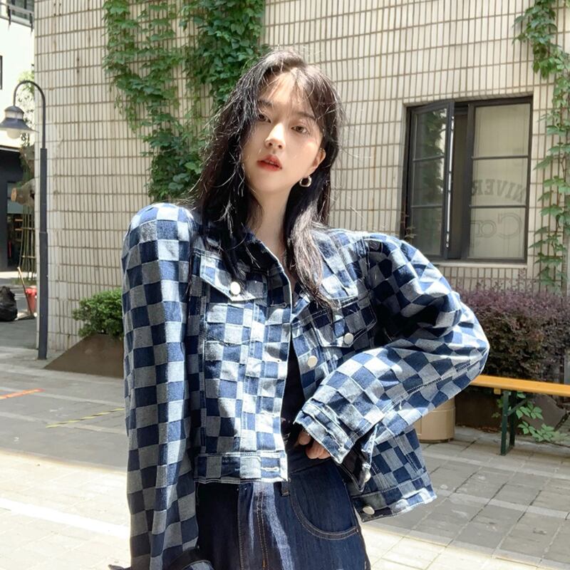 スタンダード格子柄ジャケット スプリングオータムルーズカジュアルショートトップス レトロ 春物 秋物 スーパーモール39690962755