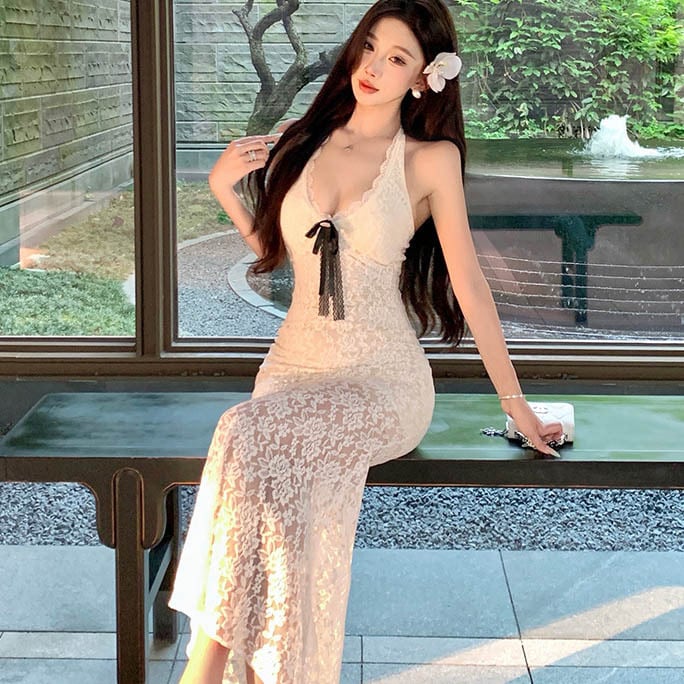 ロングドレスレースホルターネック谷間見せセクシーリボンマーメイド