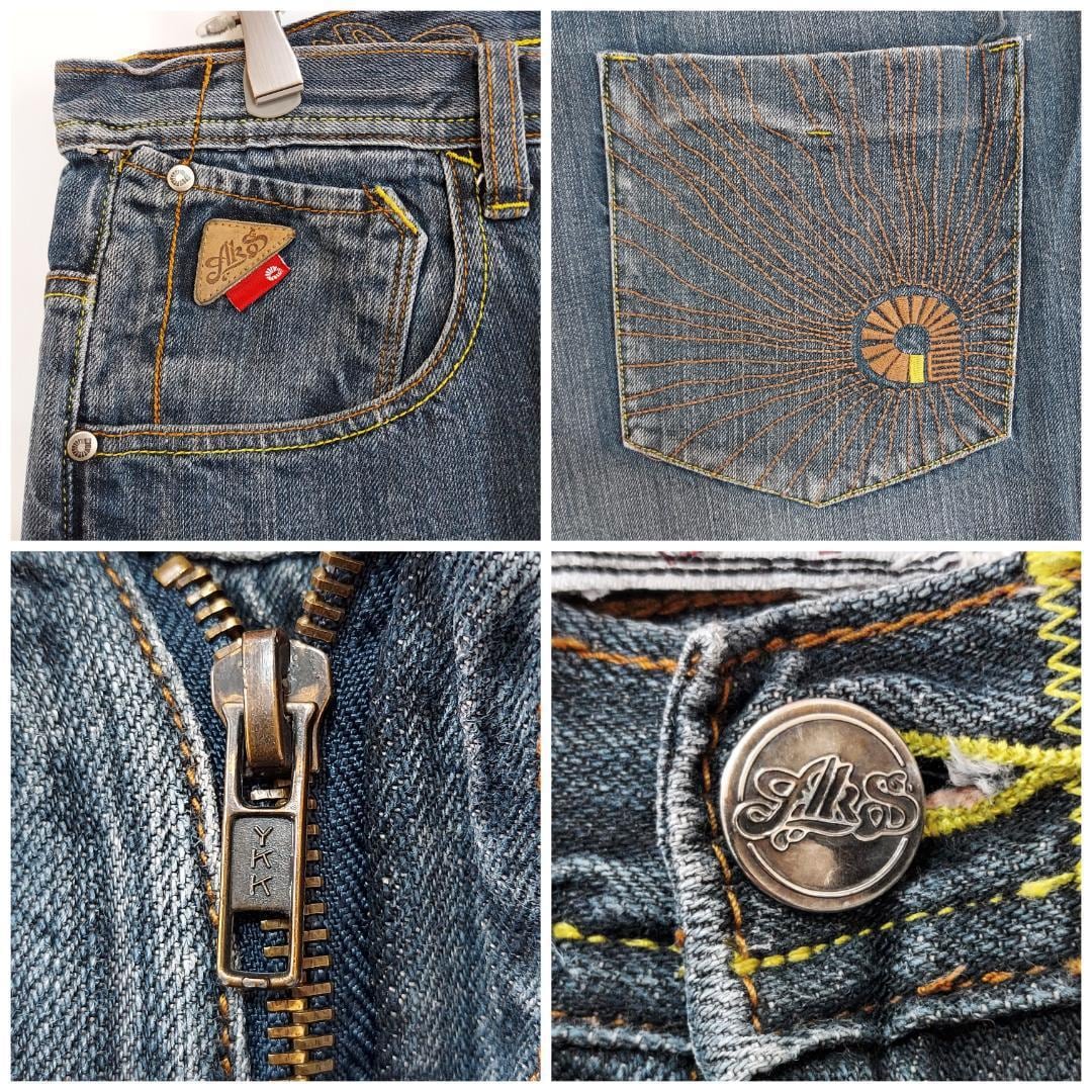 アカデミクス 刺繍ロゴデニム 紺ネイビー デザインボトムワイド