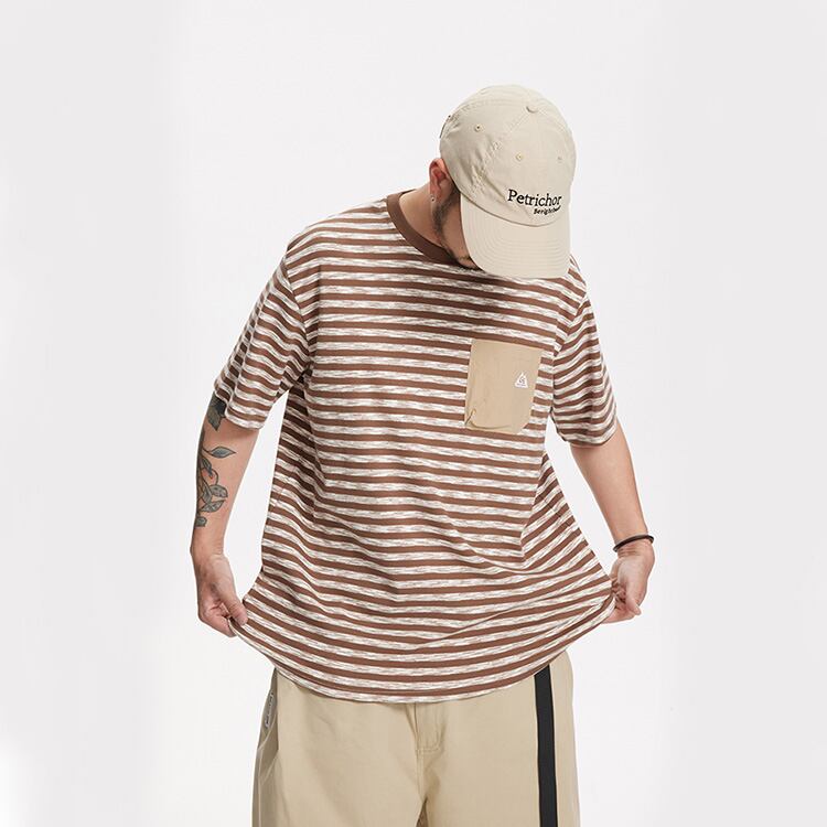 ★COLLAR POCKET ROUND NECK STRIPED T　　　A0637