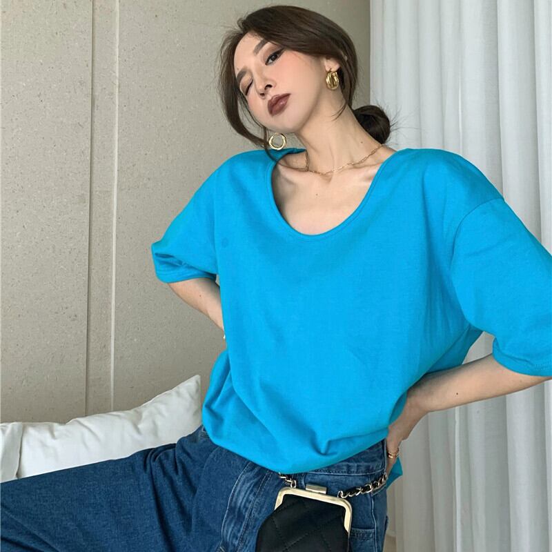 スタンダードVネックルーズソリッド カラーTシャツ サマー薄手ホワイトカジュアルトップス レトロ 夏物 ソリッドカラー ガールズファッション49561420062