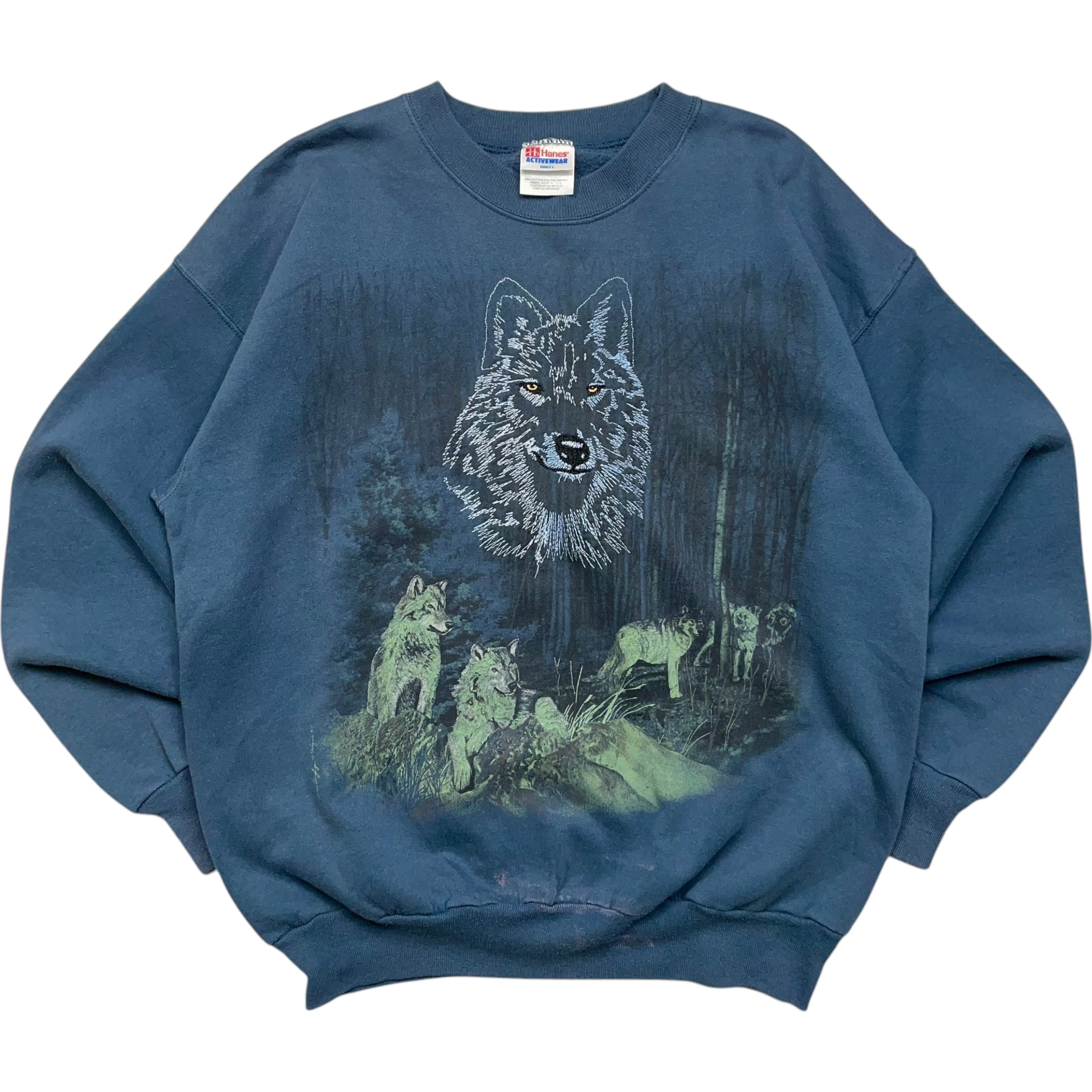 《L》Hanes ヘインズ スウェット アニマル刺繍&プリント アイスランドブルー USA製 90年代 vintage no.6533