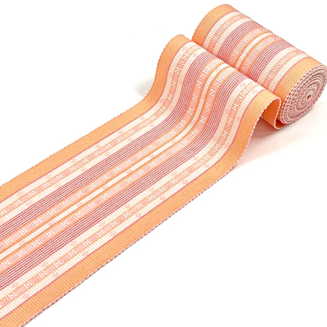 首里花織　半幅帯　 ピーチカラー　薄オレンジ色　薄桃色　 （端処理込み）  4RK31084