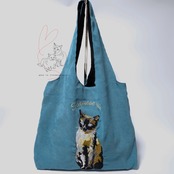 Jubilee 猫デザイン刺繡コーデュロイトートバッグ ブルー