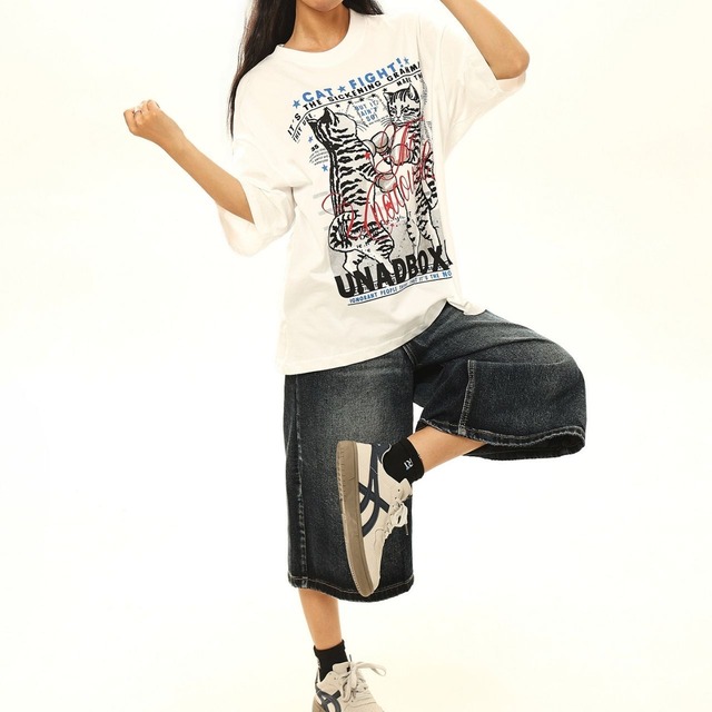 ネコパンチグラフィックアートTシャツ 2col   R02316