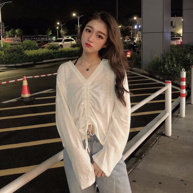 インナージャケットレディース2020年春新バージョンのワイルドドローストリングルーズで薄い長袖日焼け止めTシャツブラウス 1号婦人96222009719