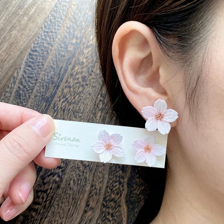 桜｜スタックピアス・極細レース編み | 紫蓮庵 Sirenan