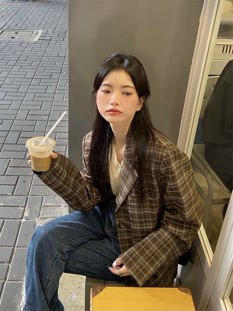 オータムスタンダード格子柄ジャケット 薄手トップス レトロ 秋物 モンロー68812388886