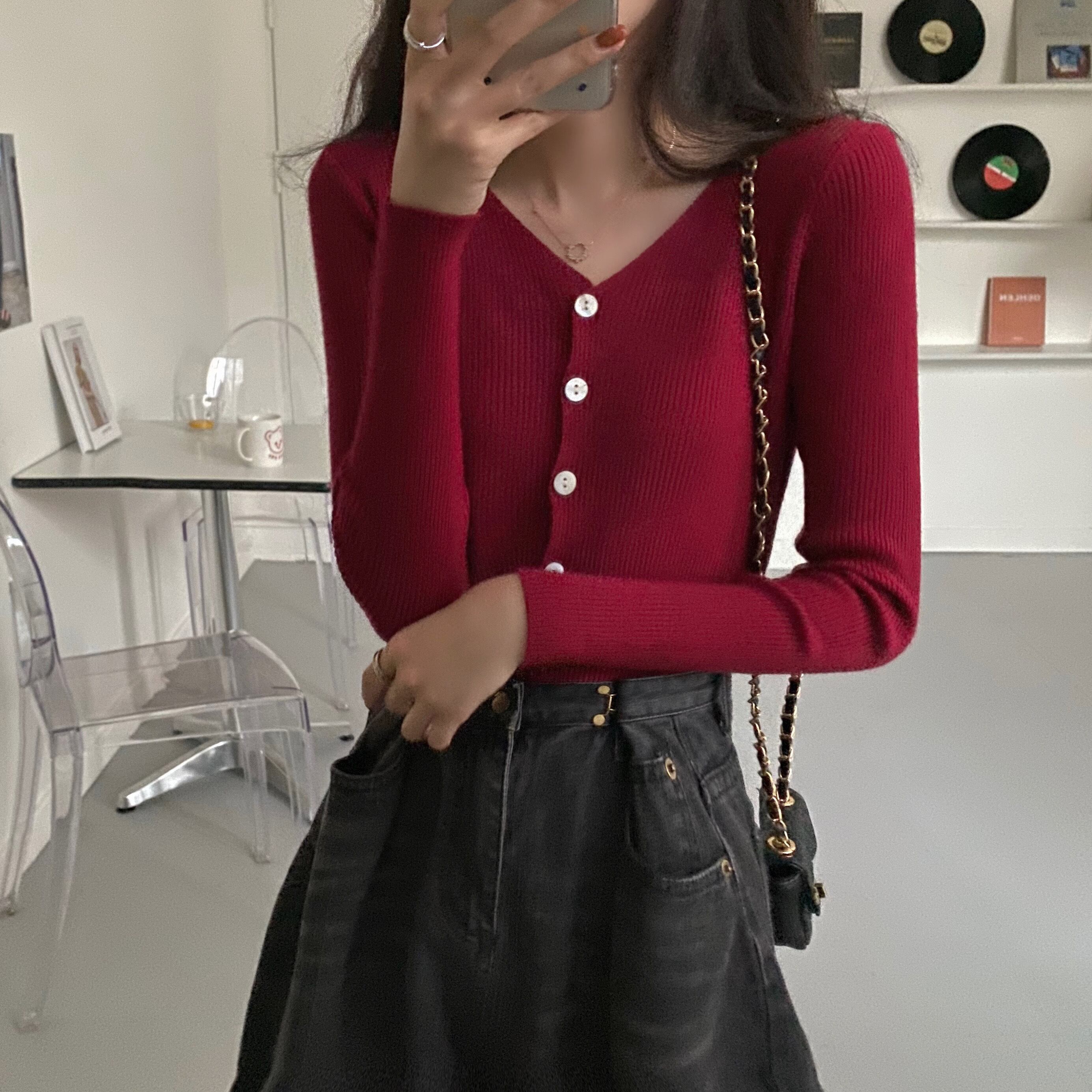 ニットカーディガンレディースウェア2020秋新入生Vネックスリムフィット、赤いジャケット クレセントシティ10868003220