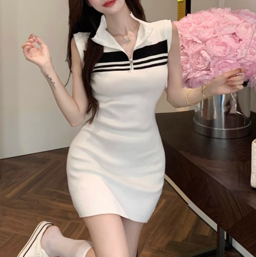 2色／ハーフジップボーダーワンピ ・10819