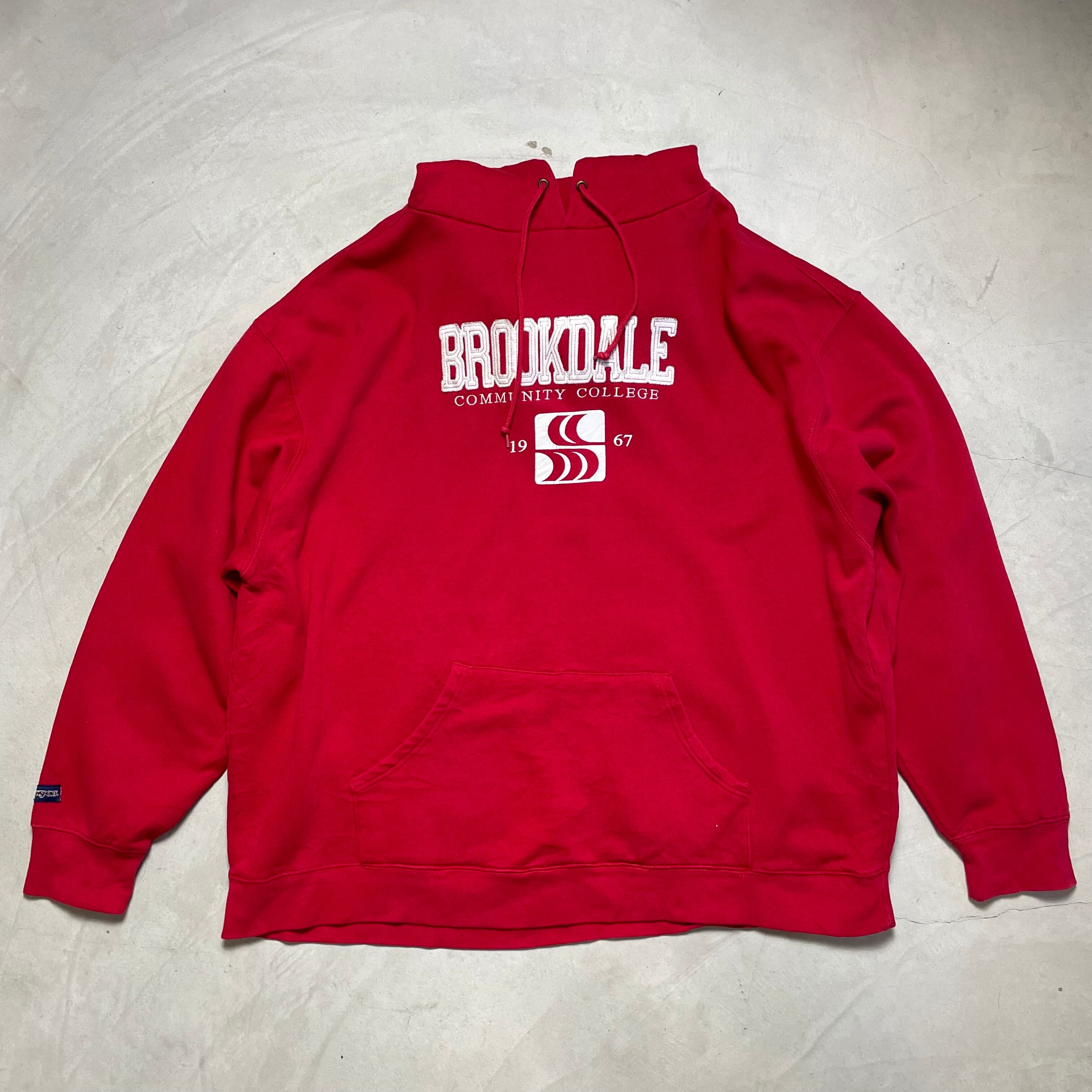 JANSPORT ジャンスポーツワッペン プルオーバーパーカー メンズXXL 古着 スウェットパーカー レッド 赤色 【パーカー】