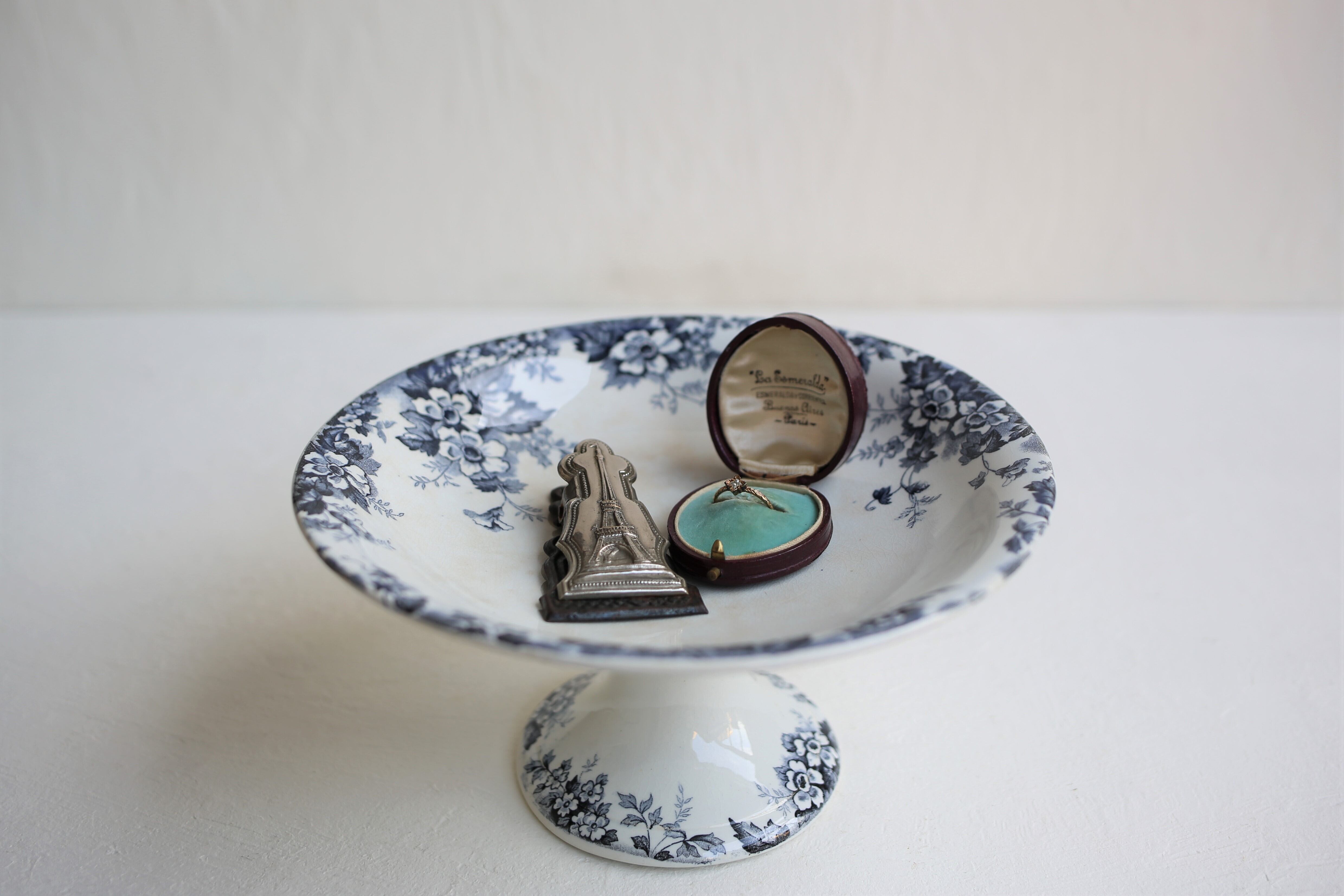 フランス アンティーク ヴィンテージ サンタマン 『MARIE-LOUISE』コンポティエ (ネイビー) N-02903