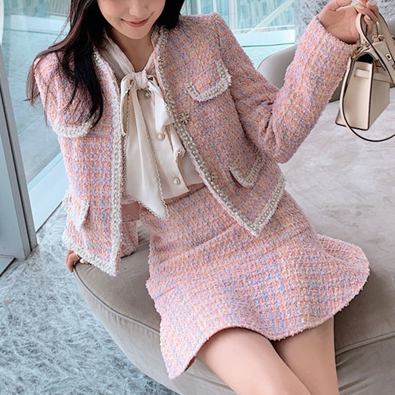 パール装飾 ピンクツイードスーツ 惜し セットアップ 