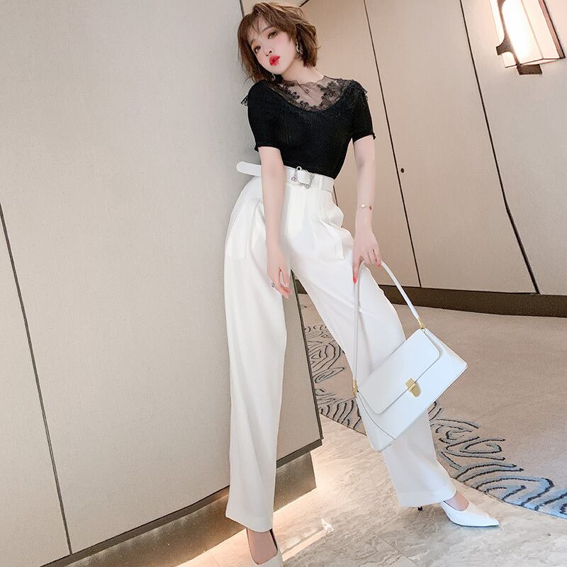 メッシュレースニットシャツ ハイウェストパンツ スプリングスタイル 春物 MIUCO84285795920