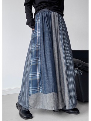 Patchwork denim striped wide loose pants [T2607]