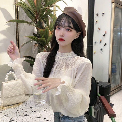 ✞ レースサイドシフォンシャツブラウススリーブ長袖♥カワイイ♥ ロング ランタンスリーブ スウィート ✞ゴスロリ SM ミリ 甘ロリ クラロリ 和ロリ エレガント 黒ロリ 姫ロリ 華ロリ BB-BB3235590435