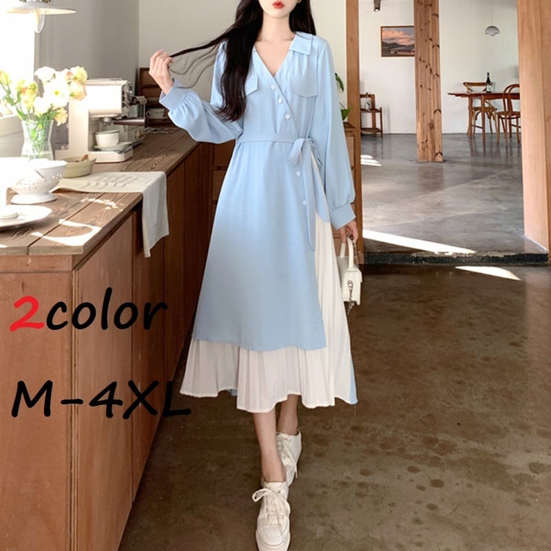 ロングワンピース レディース ワンピース 長袖 ｖネック アシンメトリー アシメ デザイン プリーツ スカート ロング かわいい 可愛い 日常 デート お出かけ フェミニン ガーリー 春 秋 青 大人 コーデ コーディネート 韓国 ファッション オルチャン お取り寄せ 送料無料 hll-0500