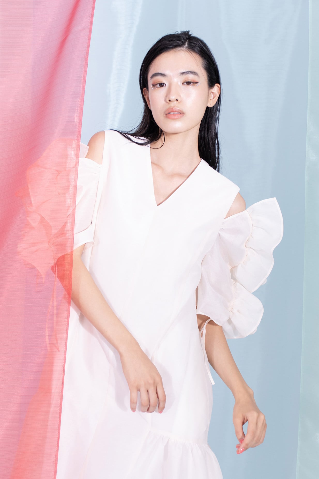 Sheer Frill Dress OFF WHITE | Arobe OFFICIAL ONLINE STORE
