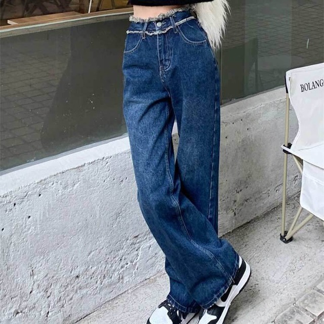 【韓国通販 dgo】ハイウエスト ダークブルー ストレートジーンズ(W3403）センス溢れるファッションitem