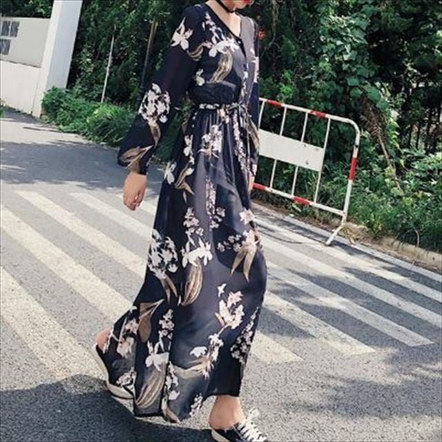 花柄 ワンピース シフォン マキシ フェミニン エレガント 春 トレンド ワンピース ロングワンピース マキシ丈 花柄