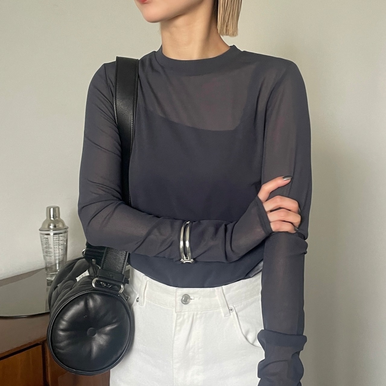 tulle sheer crew neck tops/gray | CFT
