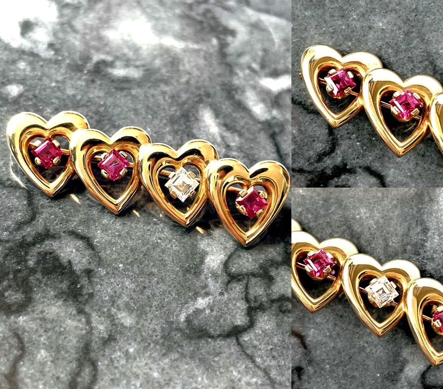 TIFFANY ティファニー 14K YG ハート ブローチ 1Pダイヤモンド 3Pルビー ヴィンテージ