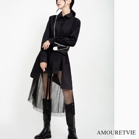 ワンピース モダン メッシュ シック 黒 ブラック 白 ホワイト スタイリッシュ モード系 ヴィジュアル系 1633 Amouretvie 韓国系 モード系 個性的ファッションの通販サイト