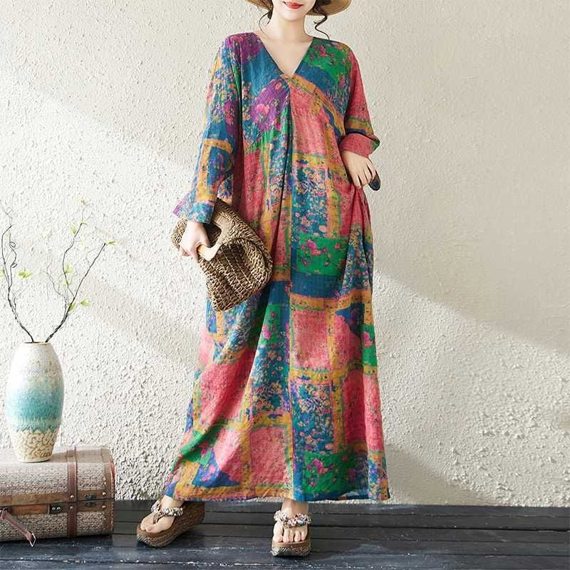 PATCHWORK PRINT V-NECK MAXI PULLOVER DRESS 1color M-16028