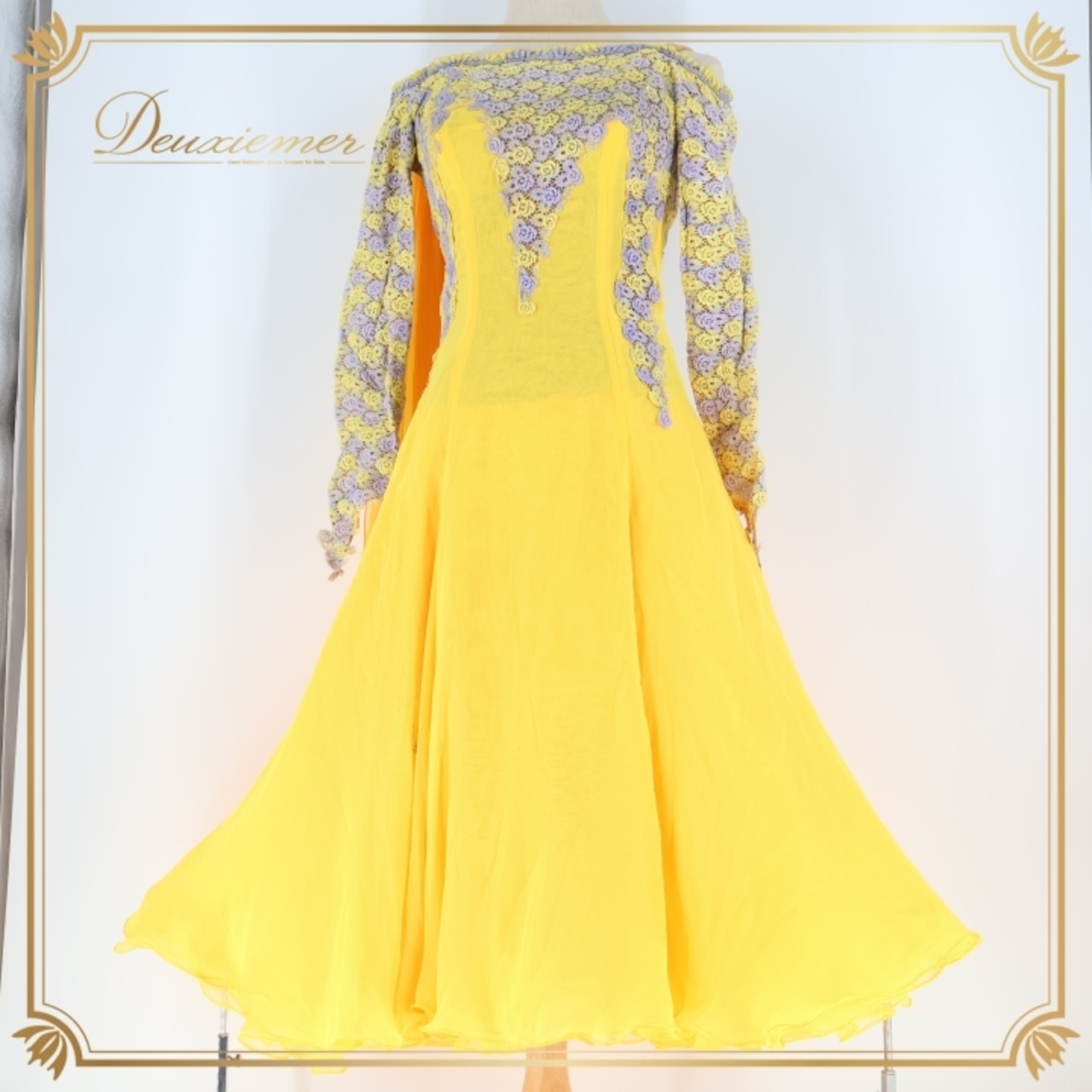 社交ダンス 衣装 ワンピース ドレス フロート lovely dance パーティ 発表会 黄色 イエロー系 黄色 花 紺 ブルー レース ミニ丈 軽やか おしゃれ レディース フロアダンス 競技用 ステージ衣装 フラワーデザイン 上品