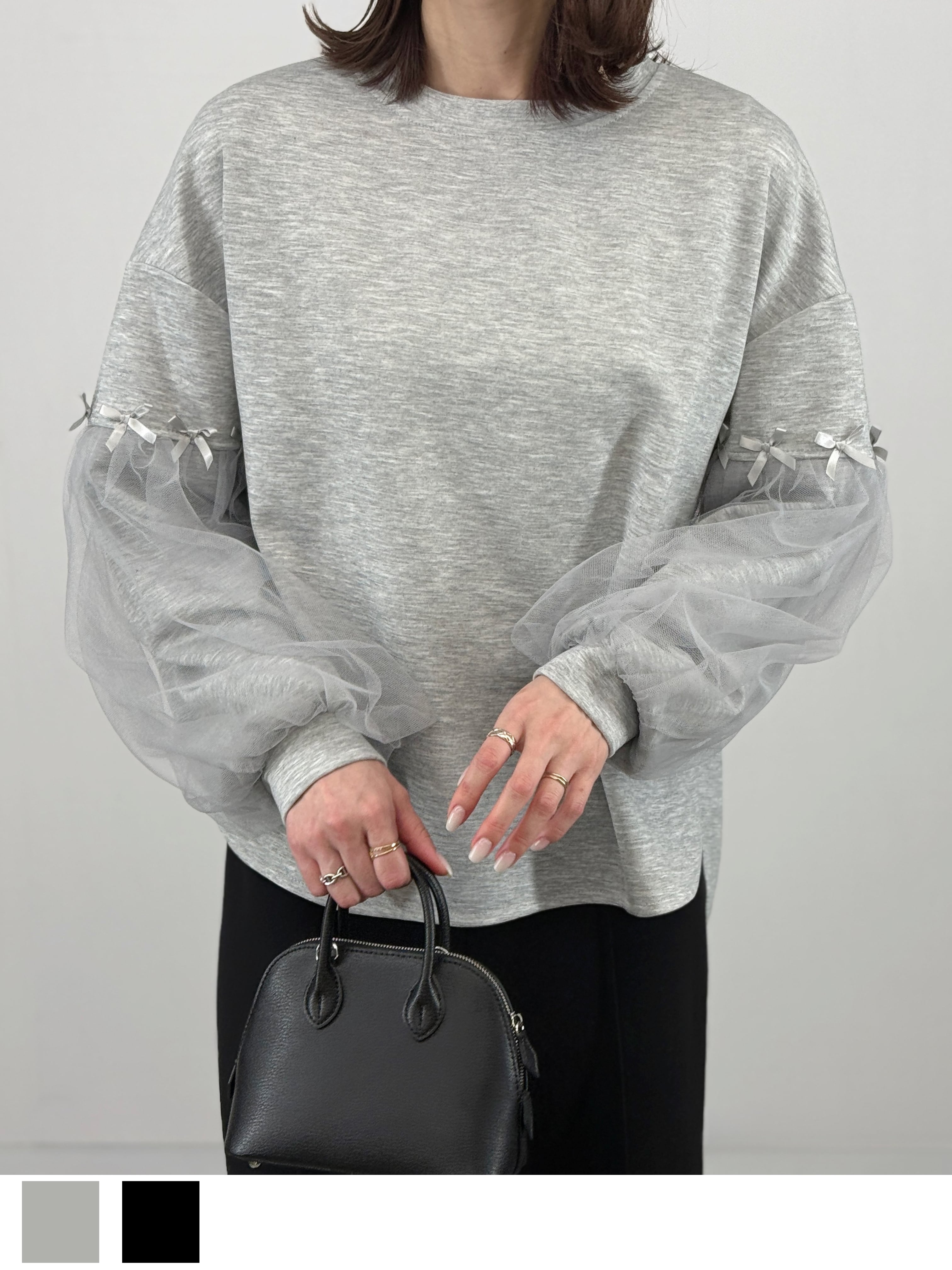 チュールスリーブリボンボンディングトップス