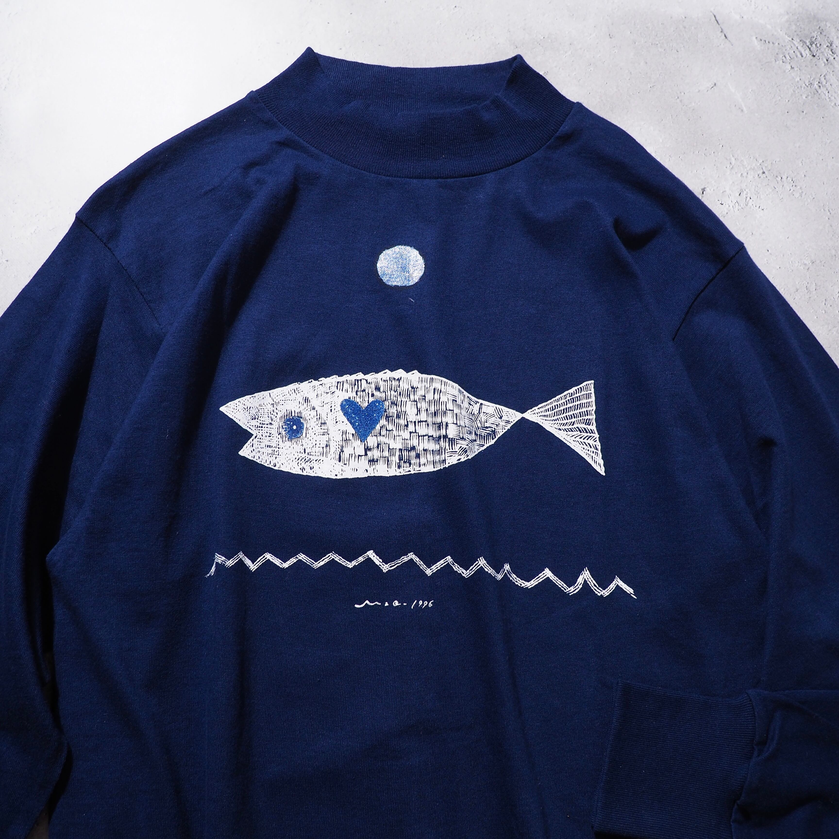 1996s ” Love fish ” printed vintage long sleeve mock neck Tee (made in Usa)