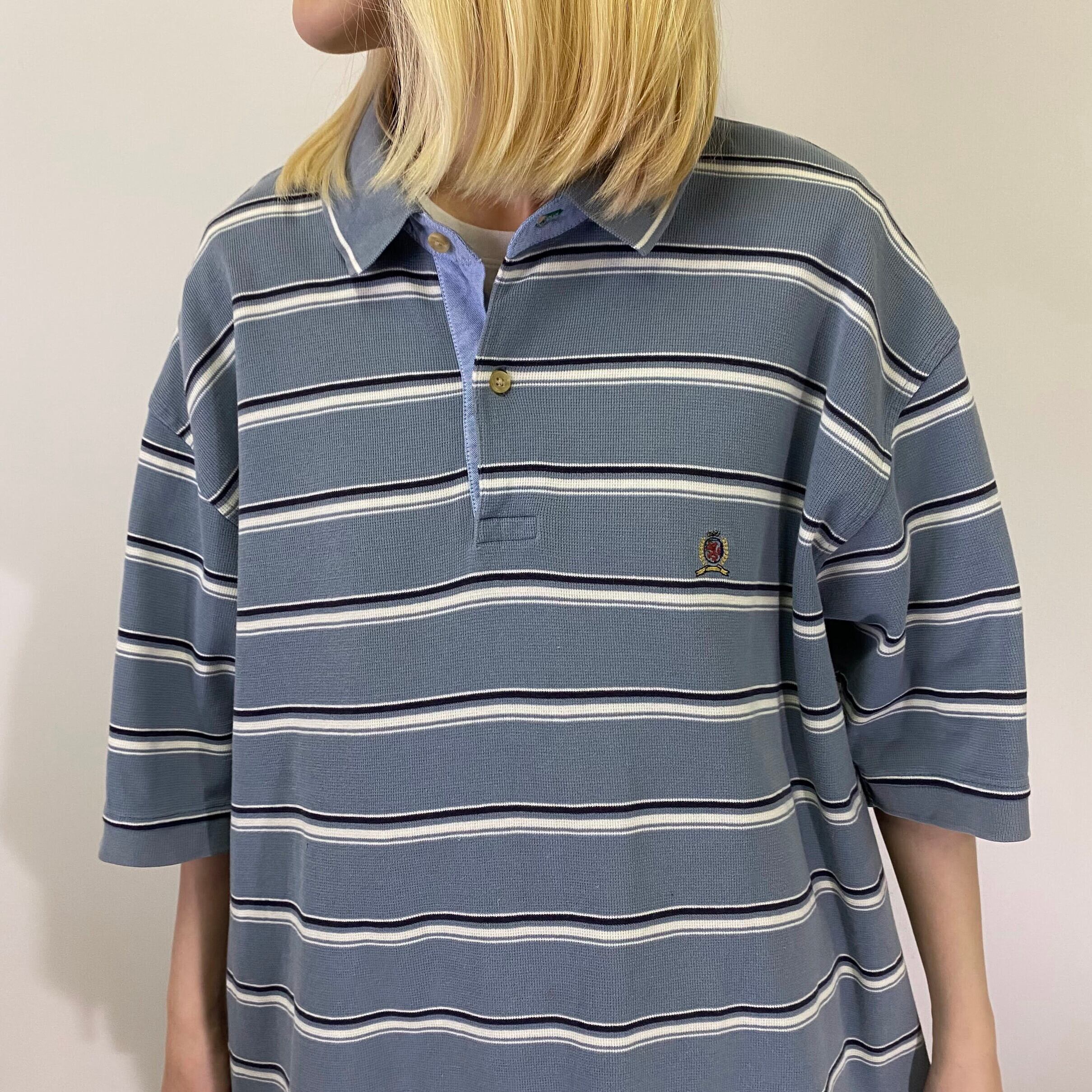 00年代 Tommy Hilfiger トミーヒルフィガー マルチボーダーポロシャツ ワンポイントロゴ刺 メンズl 古着 00s ヴィンテージ ビンテージ 鹿の子 グレー ポロシャツ Cave 古着屋 公式 古着通販サイト