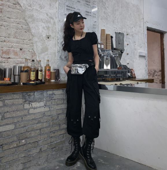 カジュアルパンツ ワイドパンツ スタイリッシュ モダン シック 黒 ブラック ストリート ピープス オルチャン 韓国ファッション 1651 Amouretvie 韓国系 モード系 個性的ファッションの通販サイト